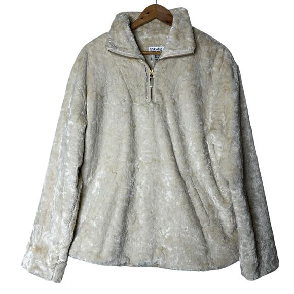 Escada Sport Pullover Teddy Sweater Size XL Textured Faux Fur 1/4 Zip‎ Lined